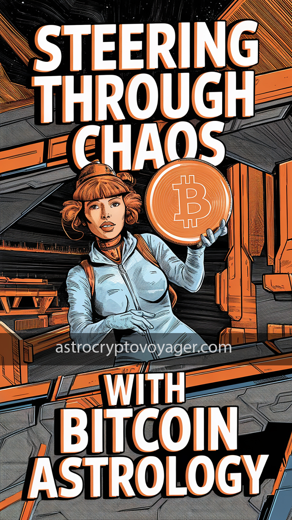 Comic book style, black and white with orange accents: Text on the image: "Steering Through Chaos with Bitcoin Astrology"